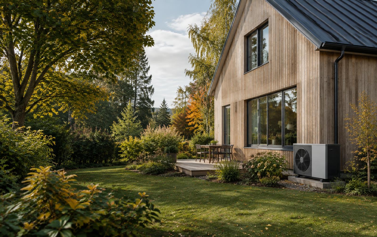 Svenskt trähus med värmepump i grönskande trädgård